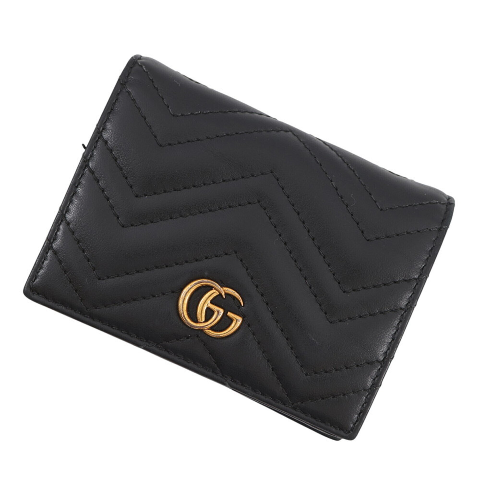 Gucci Gg Marmont Bi-Fold Wallet, Compact Leather, 466492, Gucci Double G, Bla...